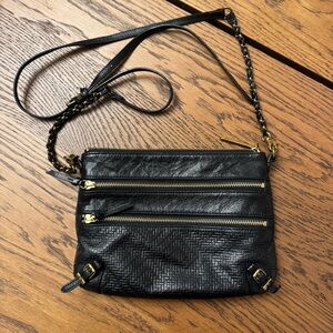 Elliott Lucca Black Leather Crossbody Bag with Gold Accents Western‎ Moto Zipper